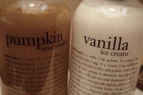 Two vintage recipe bottles labeled pumpkin spice muffin and vanilla ice cream